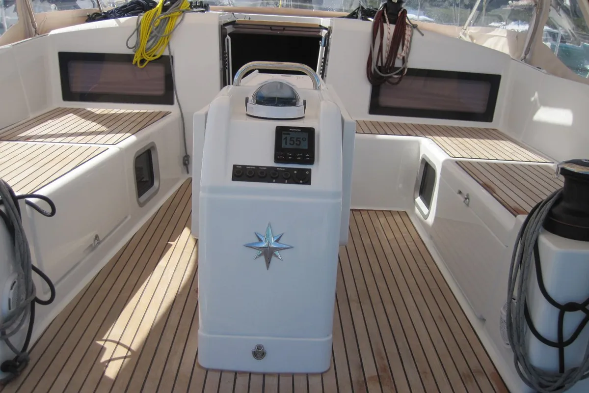 Cockpit of Teresa, a Jeanneau Sun Odyssey 490 sailboat at Capo d'Orlando, Italy