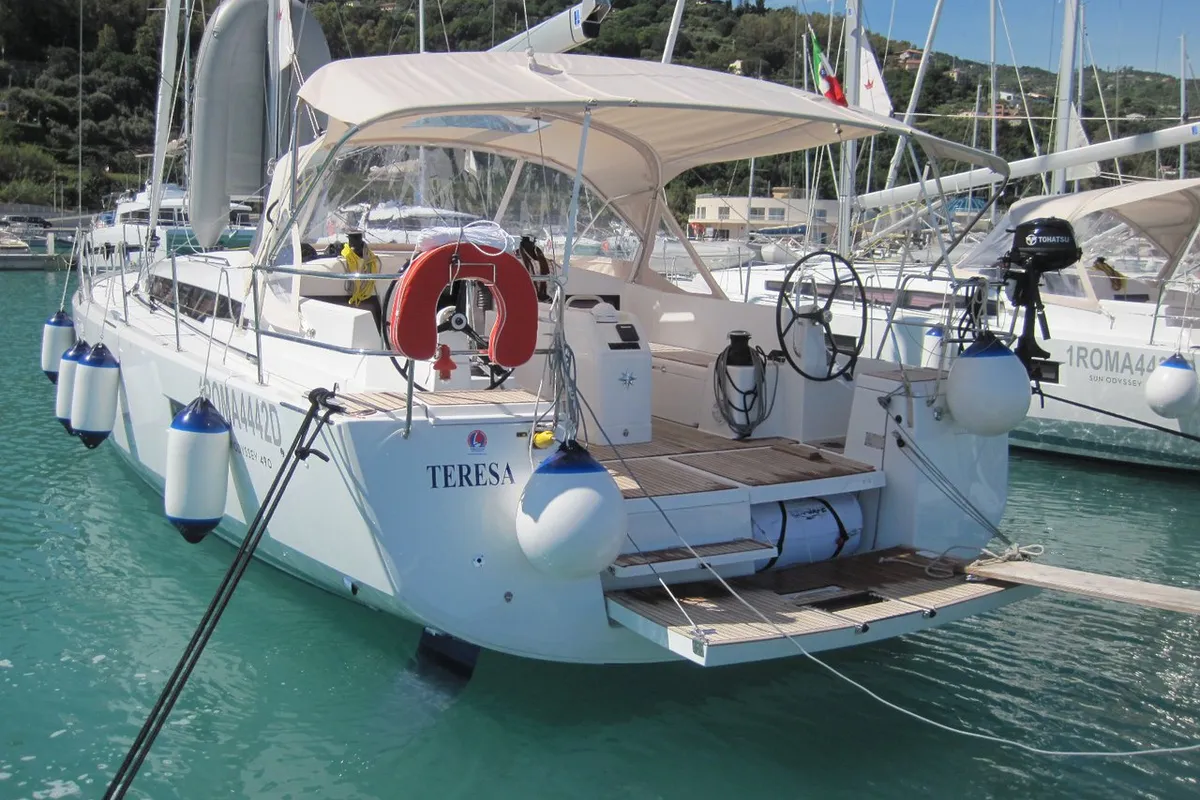 Exterior view of Teresa, a Jeanneau Sun Odyssey 490 sailboat at Capo d'Orlando, Italy