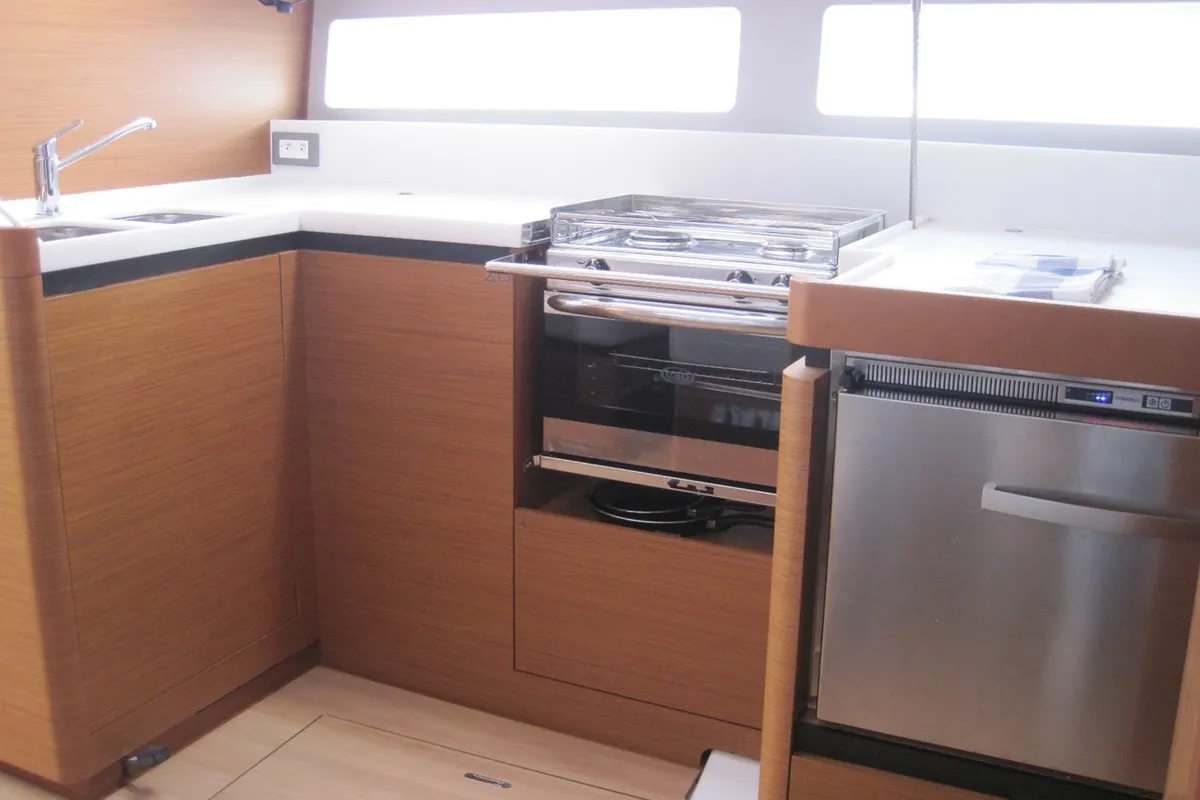 Galley of Teresa, a Jeanneau Sun Odyssey 490 sailboat at Capo d'Orlando, Italy