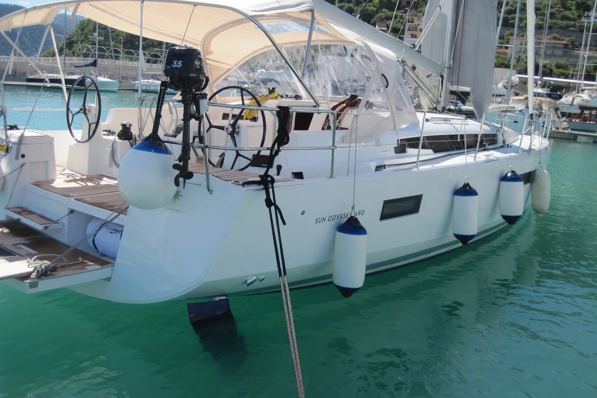 Exterior view of Teresa, a Jeanneau Sun Odyssey 490 sailboat at Capo d'Orlando, Italy
