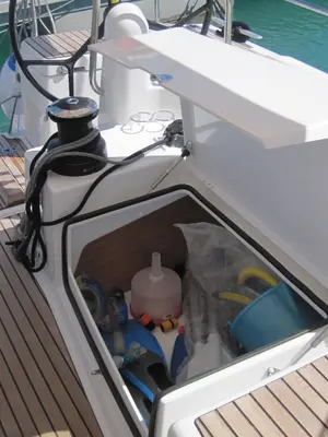 Deck of Teresa, a Jeanneau Sun Odyssey 490 sailboat at Capo d'Orlando, Italy