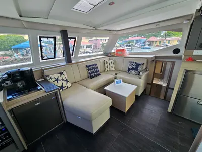 Salon of Island Curtisea, a Fountaine Pajot Isla 40 catamaran at Charlotte Amalie, United States