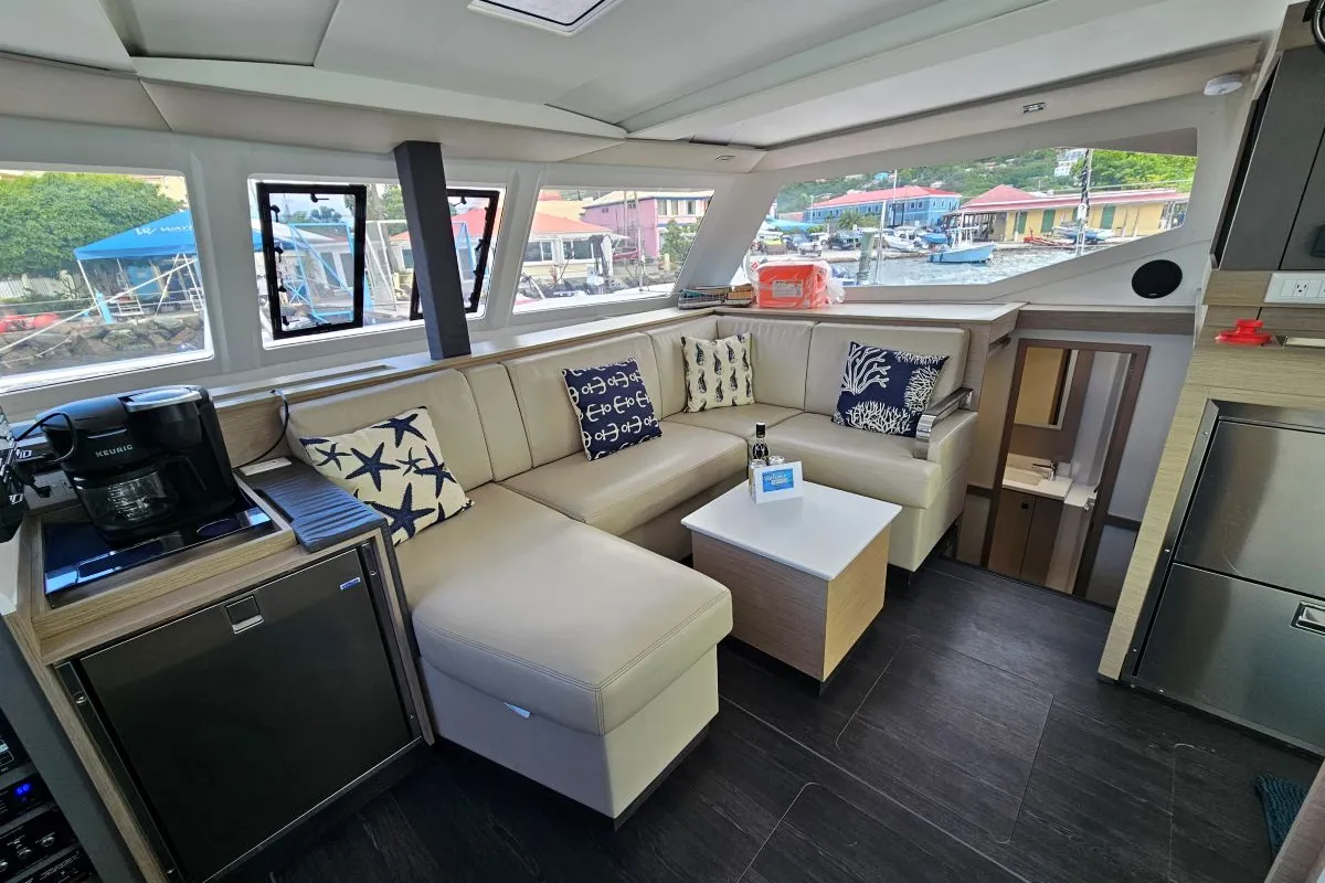 Salon of Island Curtisea, a Fountaine Pajot Isla 40 catamaran at Charlotte Amalie, United States