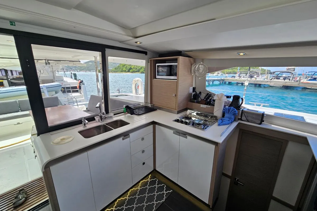 Galley of Island Curtisea, a Fountaine Pajot Isla 40 catamaran at Charlotte Amalie, United States