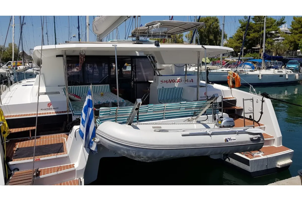 Exterior view of Shangri-La, a Fountaine Pajot Astrea 42 catamaran at Athens, Greece