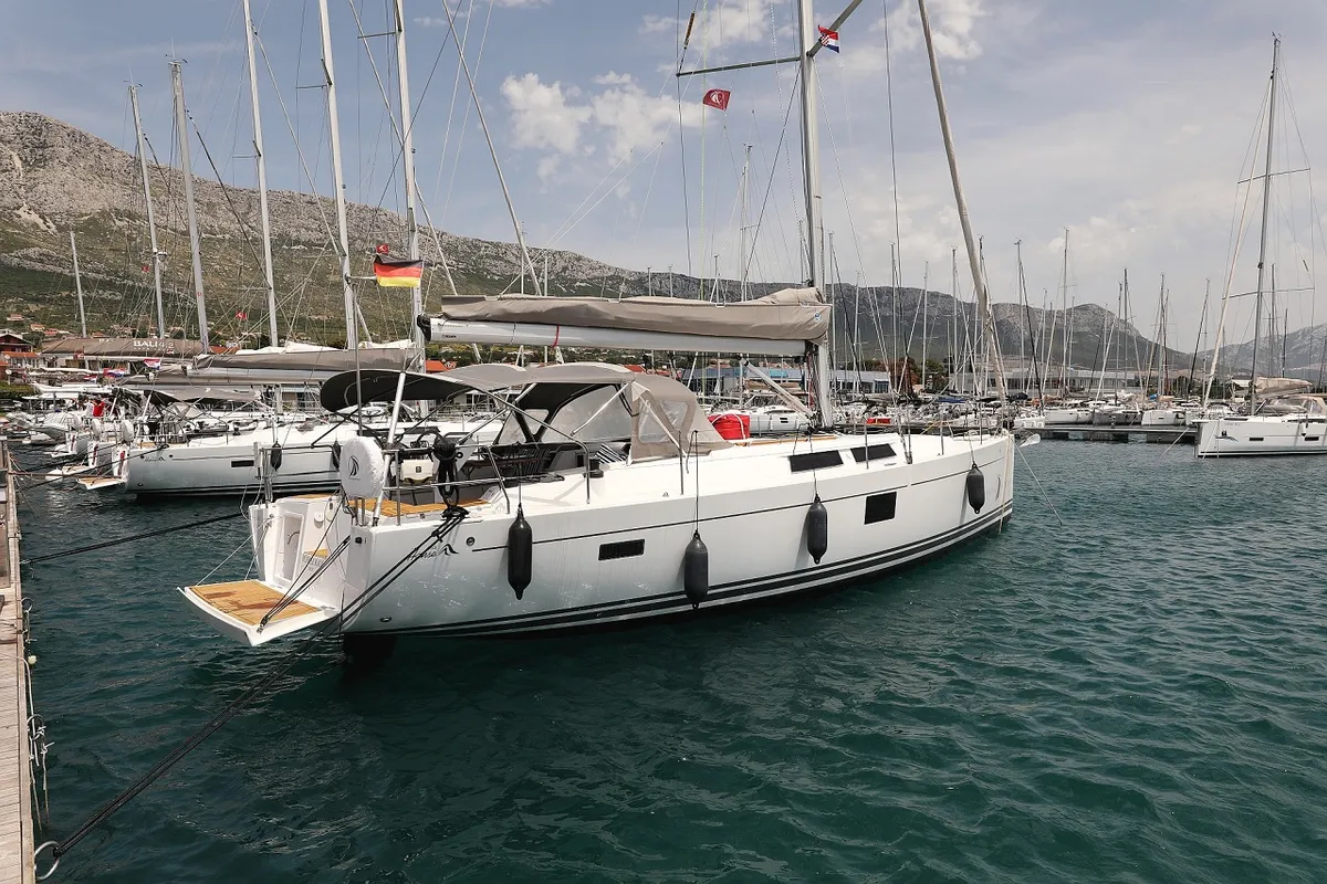 Exterior view of Purple Rain, a Hanse 455 sailboat at Grad Šibenik, Croatia