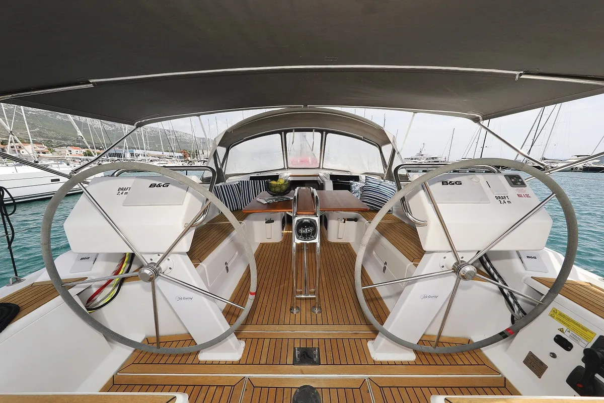 Cockpit of Purple Rain, a Hanse 455 sailboat at Grad Šibenik, Croatia