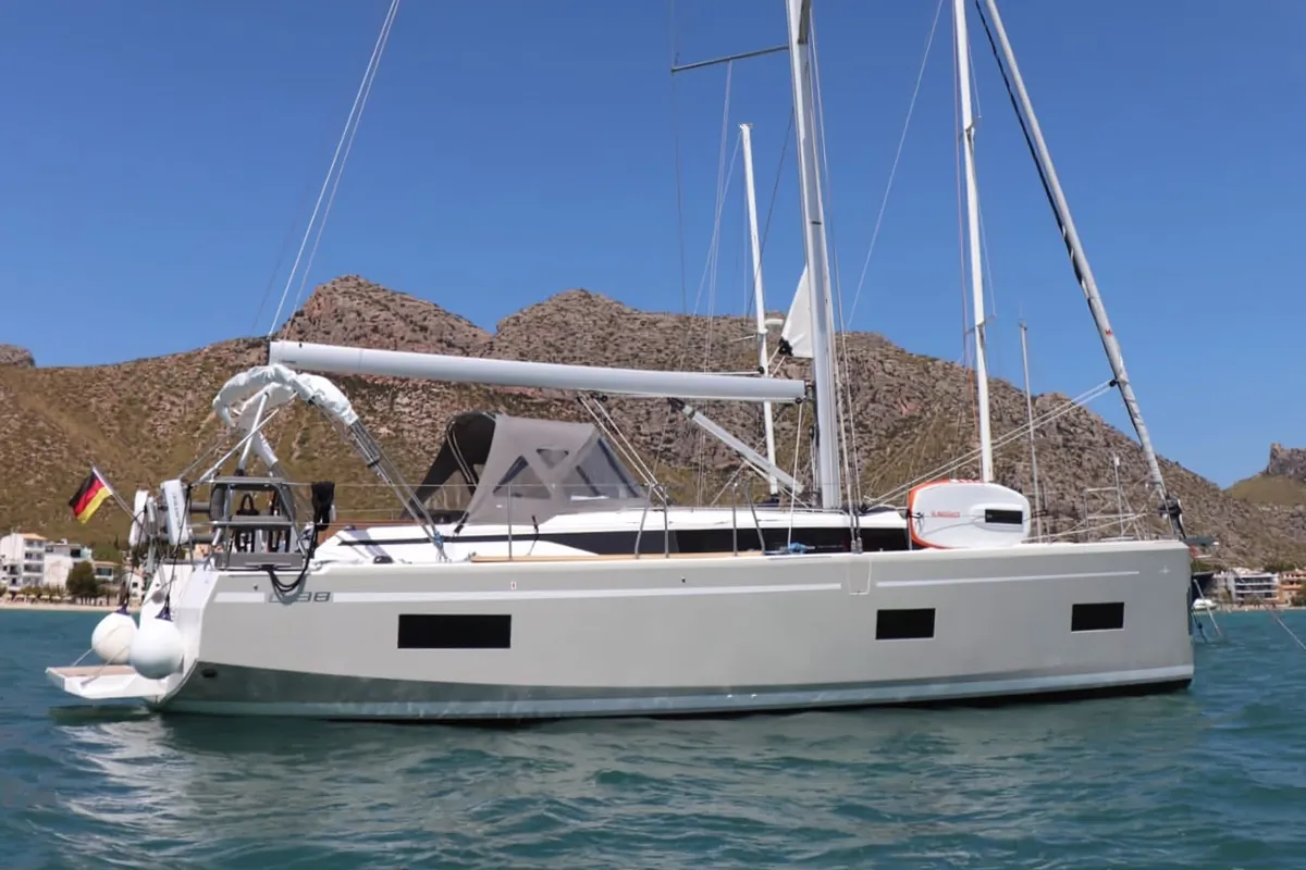 Exterior view of Levante, a Bavaria C38 sailboat at Palma de Mallorca, Spain