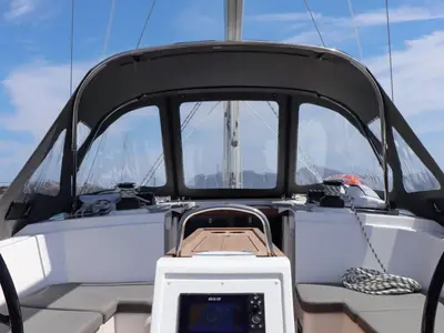 Cockpit of Levante, a Bavaria C38 sailboat at Palma de Mallorca, Spain
