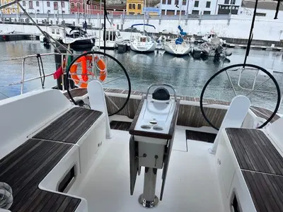 Cockpit of Fonsos, a Bavaria 46 Cruiser sailboat at São Pedro, Portugal
