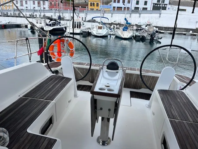 Cockpit of Fonsos, a Bavaria 46 Cruiser sailboat at São Pedro, Portugal