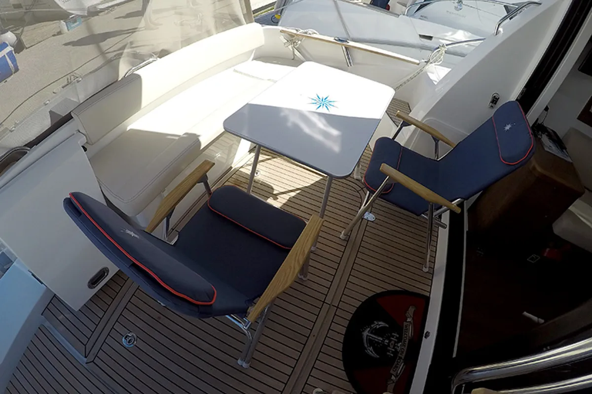 Deck of Capricorn, a Beneteau Antares 36 motor yacht at Grad Šibenik, Croatia