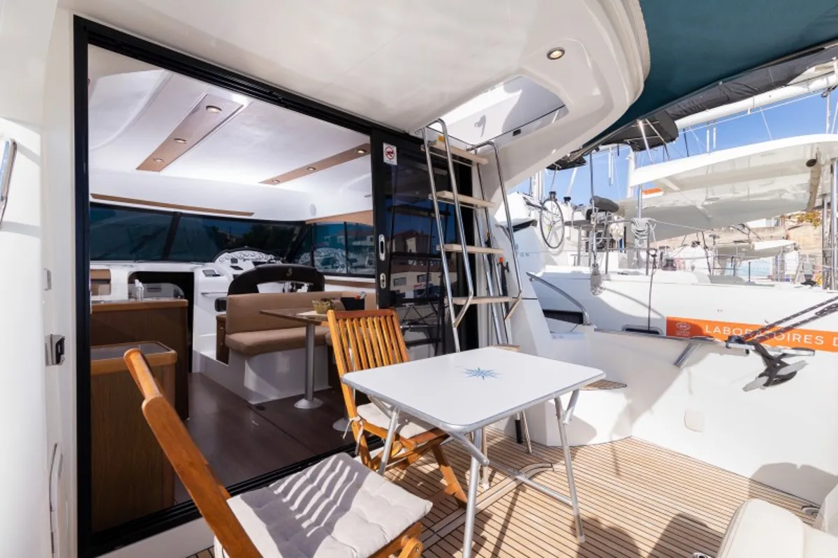 Deck of Capricorn, a Beneteau Antares 36 motor yacht at Grad Šibenik, Croatia