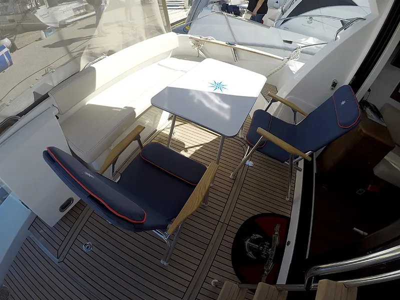 Deck of Capricorn, a Beneteau Antares 36 motor yacht at Grad Šibenik, Croatia