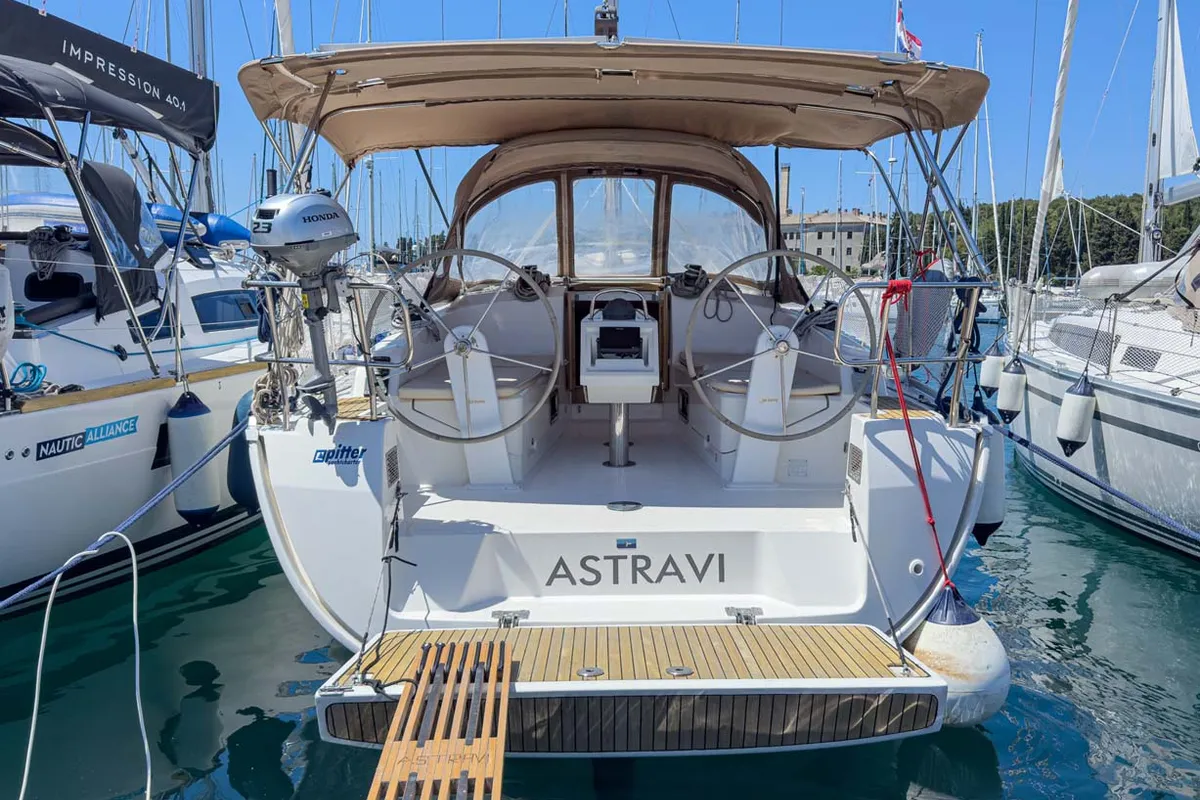 Exterior view of Astravi, a Bavaria Cruiser 37 sailboat at Grad Pula, Croatia
