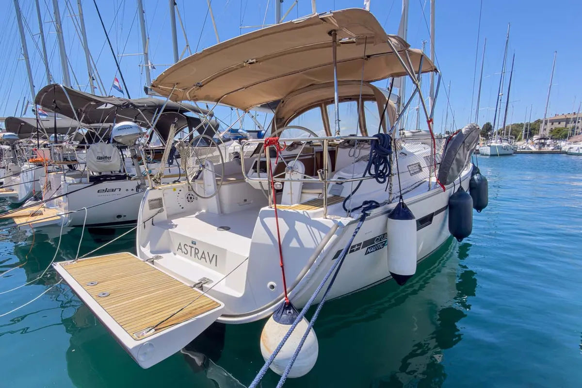 Exterior view of Astravi, a Bavaria Cruiser 37 sailboat at Grad Pula, Croatia
