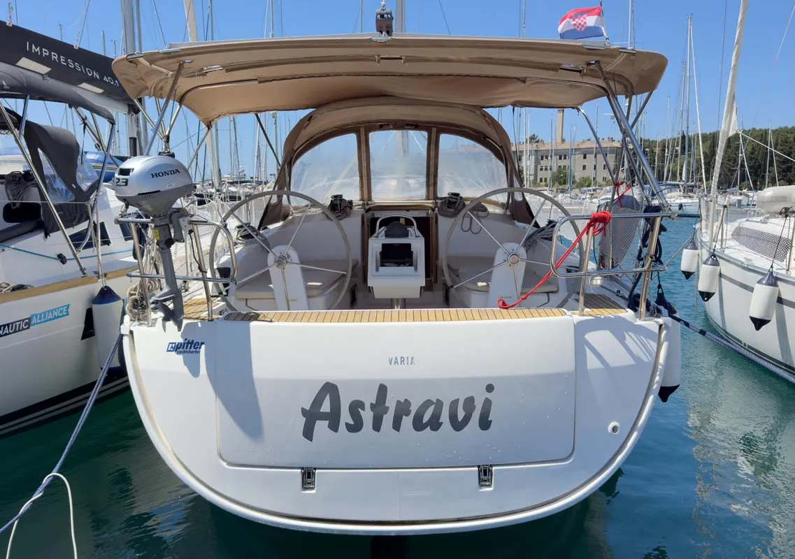 Exterior view of Astravi, a Bavaria Cruiser 37 sailboat at Grad Pula, Croatia