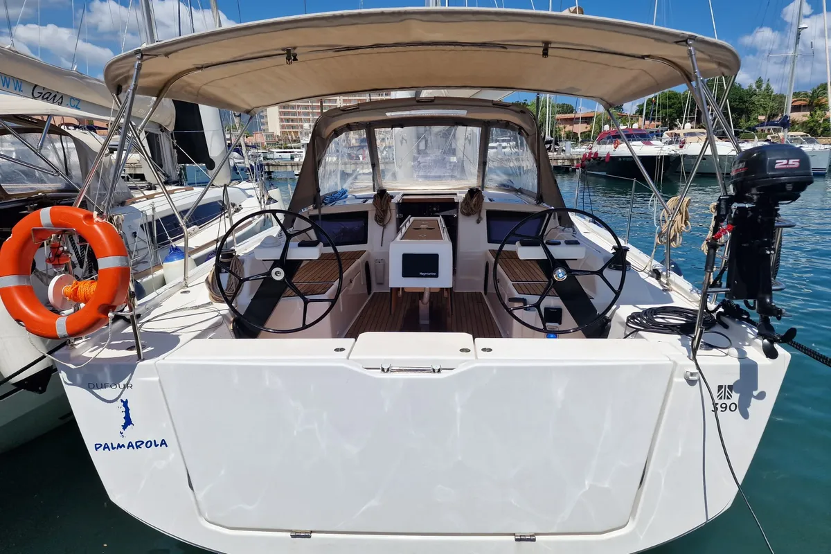 Cockpit of Palmarola, a Dufour 390 GL sailboat at Tonnarella, Italy