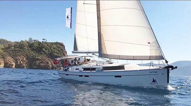 Exterior view of Sail Vega, a Bavaria Cruiser 46 sailboat at Fethiye, Turkey