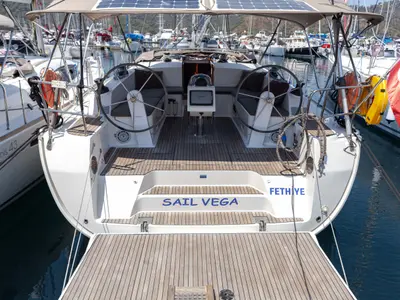 Cockpit of Sail Vega, a Bavaria Cruiser 46 sailboat at Fethiye, Turkey