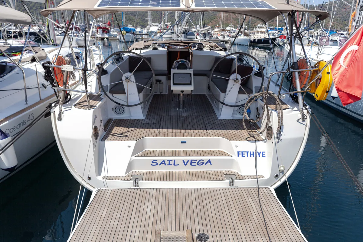 Cockpit of Sail Vega, a Bavaria Cruiser 46 sailboat at Fethiye, Turkey