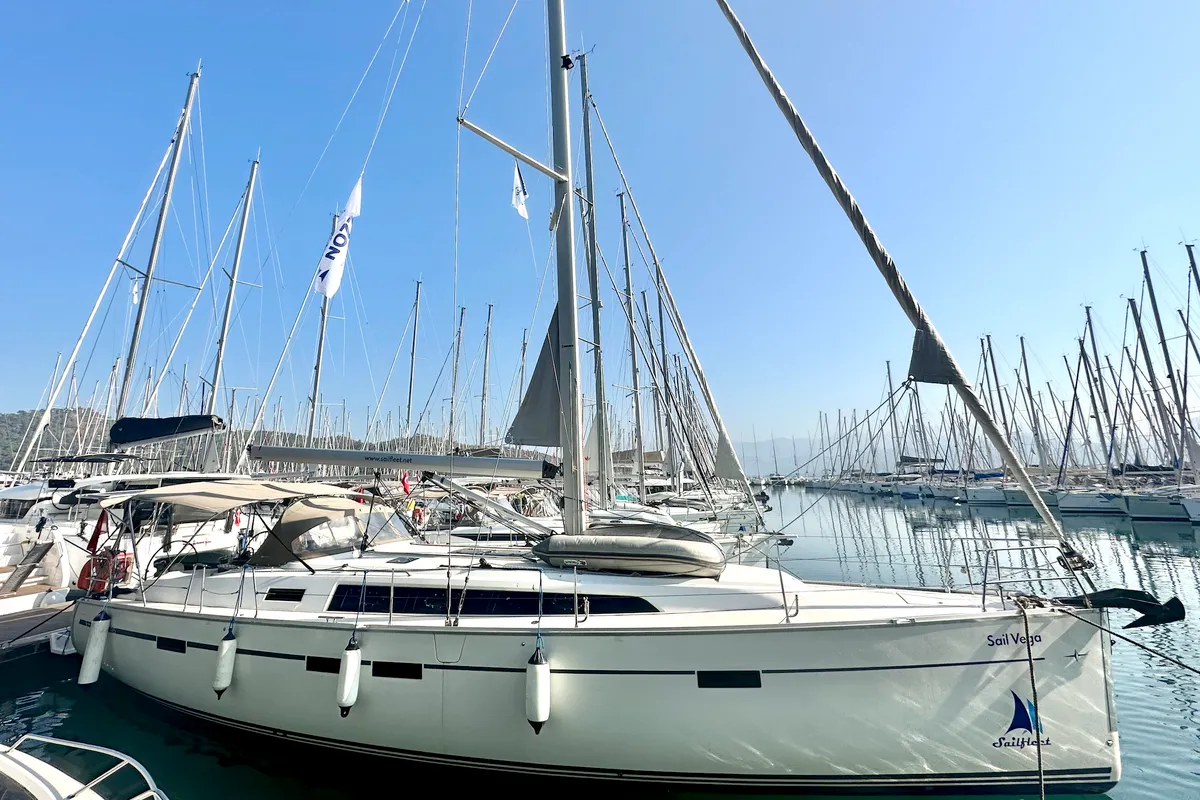 Exterior view of Sail Vega, a Bavaria Cruiser 46 sailboat at Fethiye, Turkey