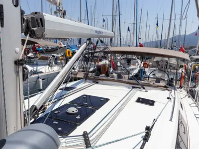 Deck of Sail Vega, a Bavaria Cruiser 46 sailboat at Fethiye, Turkey