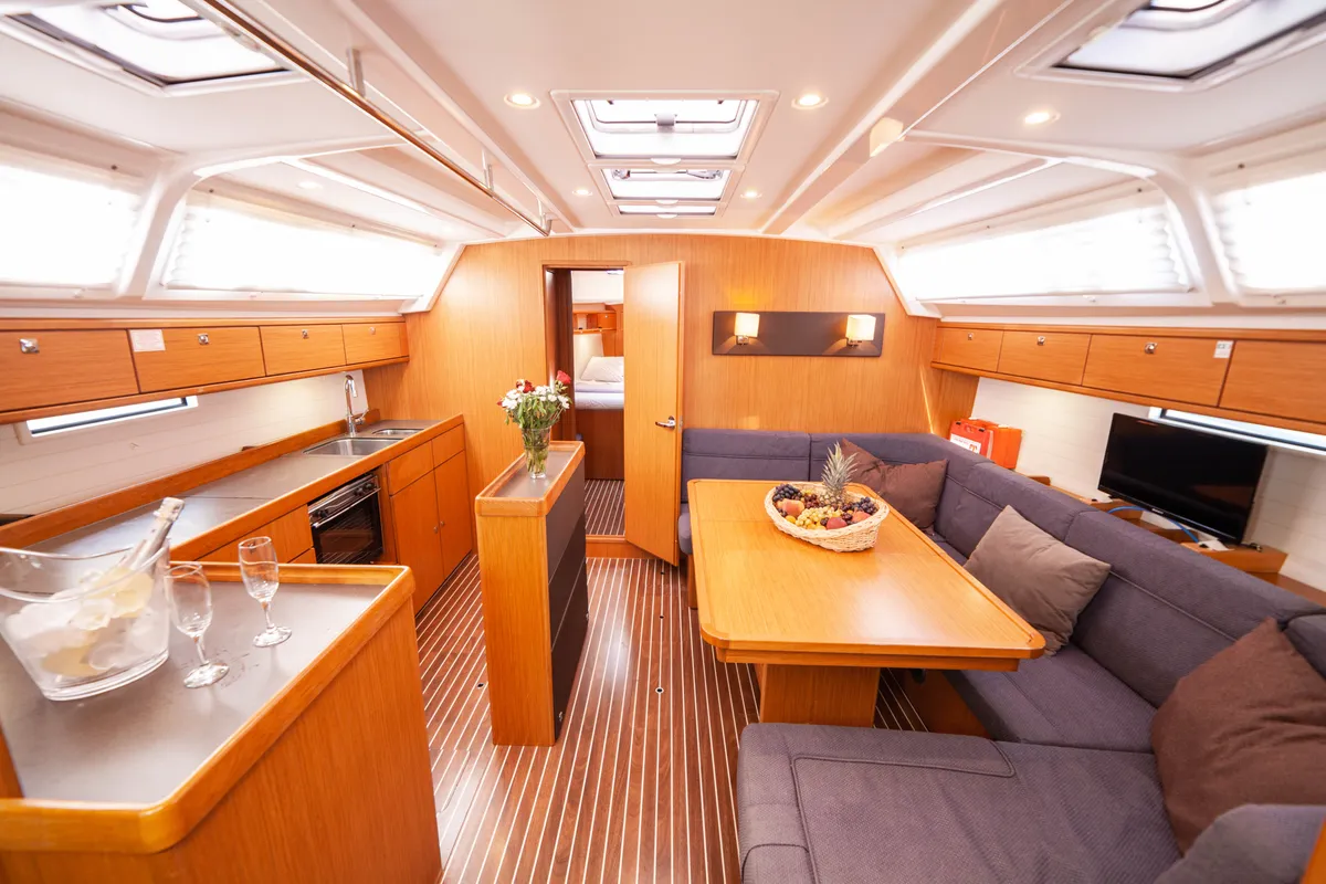 Salon of Sail Vega, a Bavaria Cruiser 46 sailboat at Fethiye, Turkey