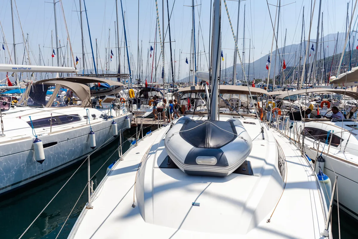 Deck of Sail Vega, a Bavaria Cruiser 46 sailboat at Fethiye, Turkey