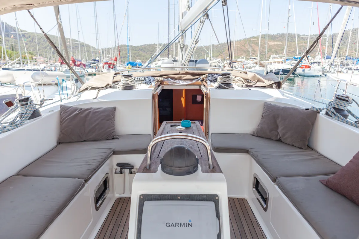 Cockpit of Sail Vega, a Bavaria Cruiser 46 sailboat at Fethiye, Turkey