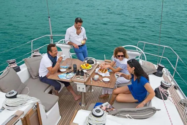 Deck of Vitabella 5, a Bavaria Cruiser 51 sailboat at es Jonquet, Spain