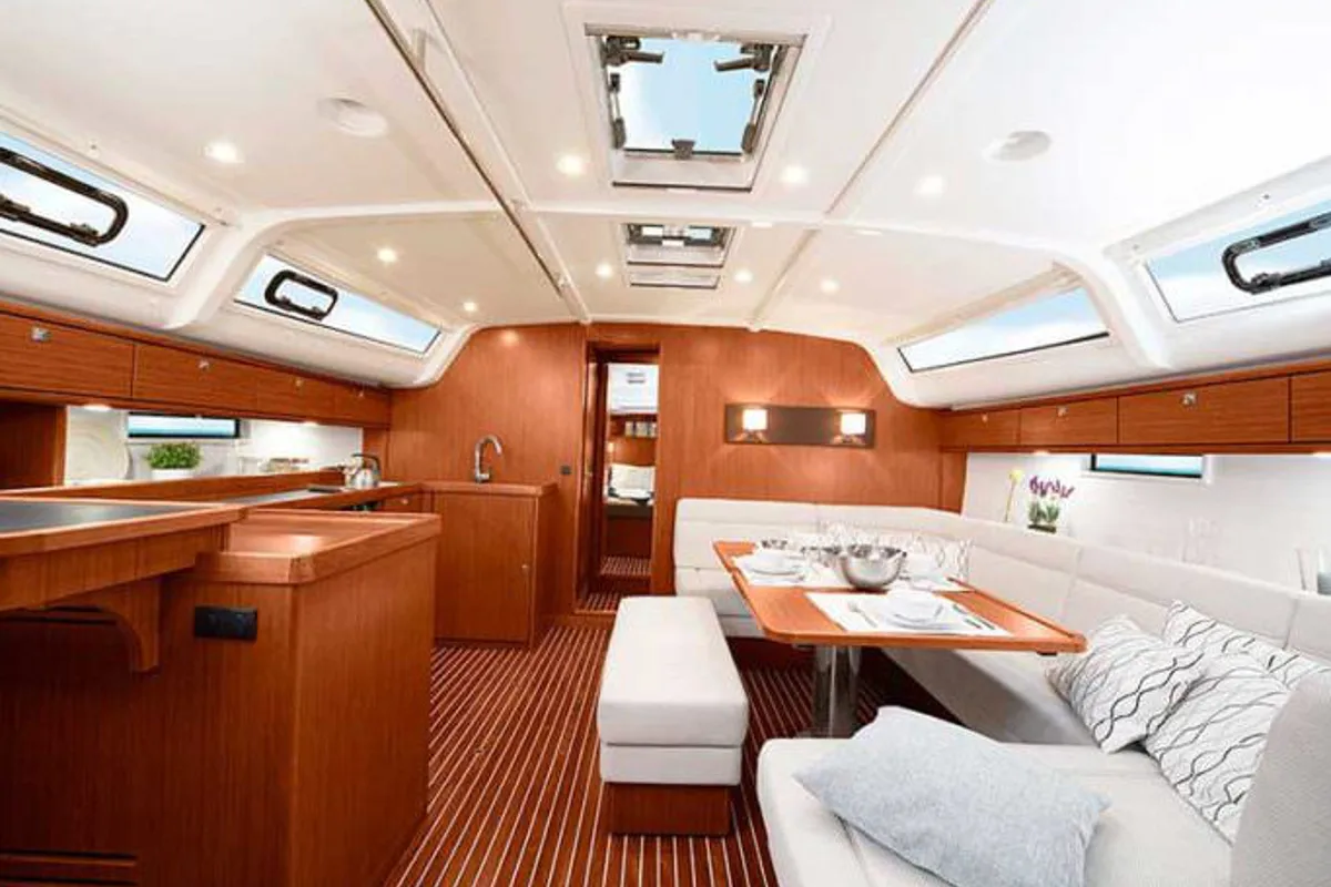 Salon of Vitabella 5, a Bavaria Cruiser 51 sailboat at es Jonquet, Spain