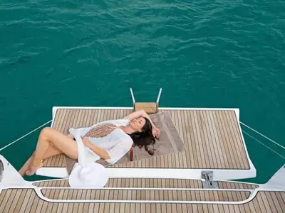 Deck of Vitabella 5, a Bavaria Cruiser 51 sailboat at es Jonquet, Spain