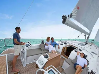 Cockpit of Vitabella 5, a Bavaria Cruiser 51 sailboat at es Jonquet, Spain