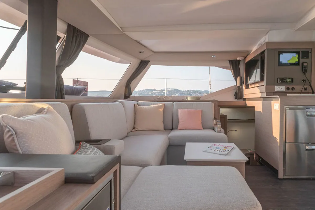 Salon of My Way, a Fountaine Pajot Isla 40 catamaran at Taranto, Italy