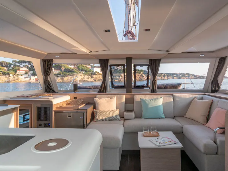 Salon of My Way, a Fountaine Pajot Isla 40 catamaran at Taranto, Italy
