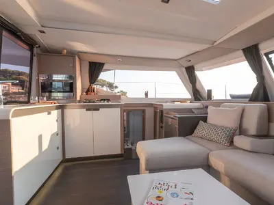 Salon of My Way, a Fountaine Pajot Isla 40 catamaran at Taranto, Italy