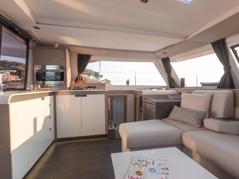 Salon of My Way, a Fountaine Pajot Isla 40 catamaran at Taranto, Italy