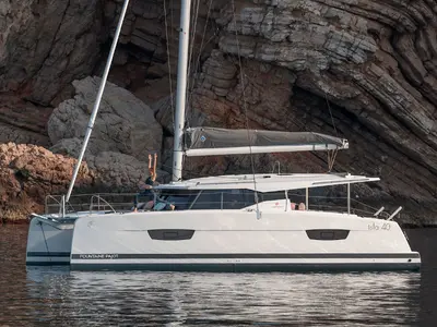 Exterior view of My Way, a Fountaine Pajot Isla 40 catamaran at Taranto, Italy