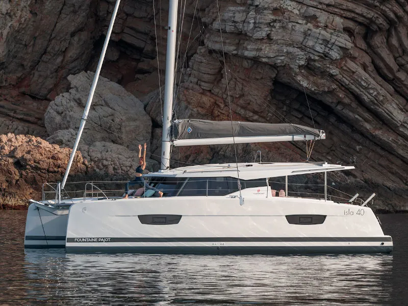 Exterior view of My Way, a Fountaine Pajot Isla 40 catamaran at Taranto, Italy