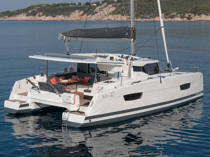 Exterior view of My Way, a Fountaine Pajot Isla 40 catamaran at Taranto, Italy