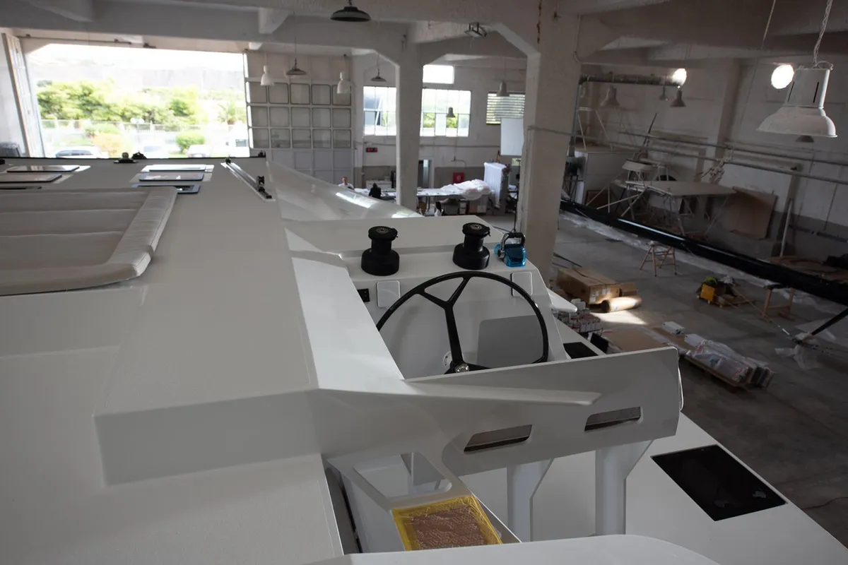 Cockpit of No Name, a Armor Boats Solitaire 1740 catamaran at Athens, Greece