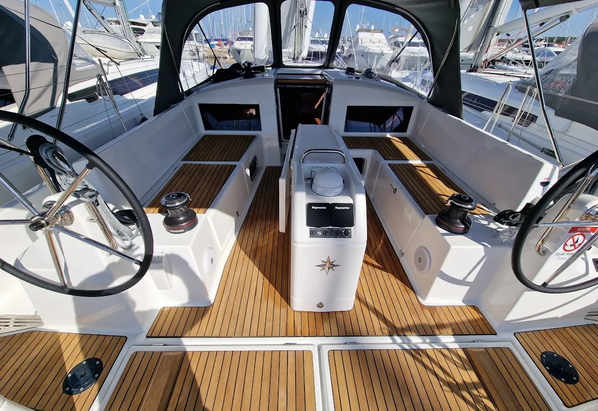 Cockpit of Vela, a Jeanneau Sun Odyssey 440 sailboat at Grad Biograd na Moru, Croatia