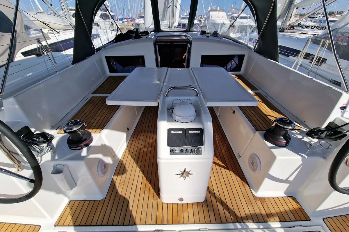 Cockpit of Vela, a Jeanneau Sun Odyssey 440 sailboat at Grad Biograd na Moru, Croatia