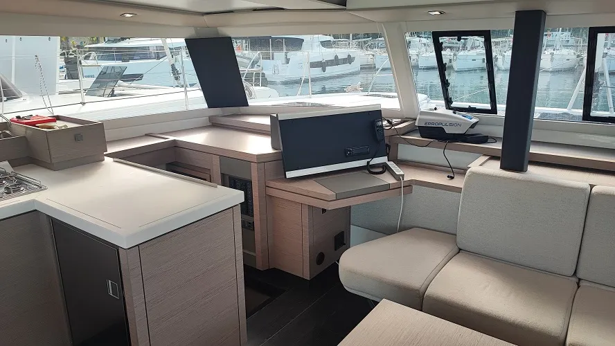 Cockpit of Reina, a Fountaine Pajot Astrea 42 catamaran at Fethiye, Turkey