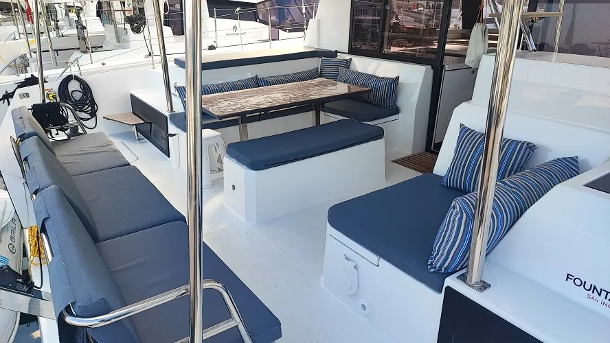 Deck of Reina, a Fountaine Pajot Astrea 42 catamaran at Fethiye, Turkey
