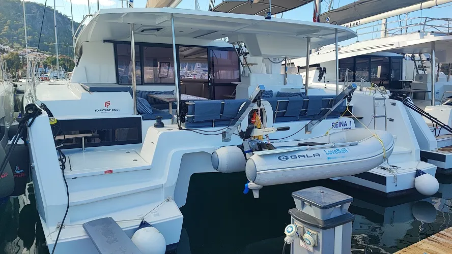 Exterior view of Reina, a Fountaine Pajot Astrea 42 catamaran at Fethiye, Turkey