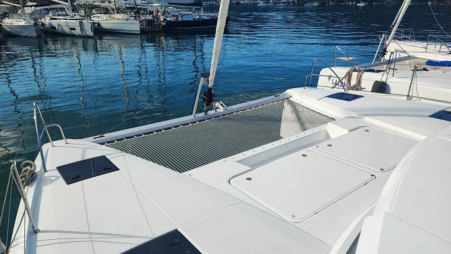 Deck of Reina, a Fountaine Pajot Astrea 42 catamaran at Fethiye, Turkey