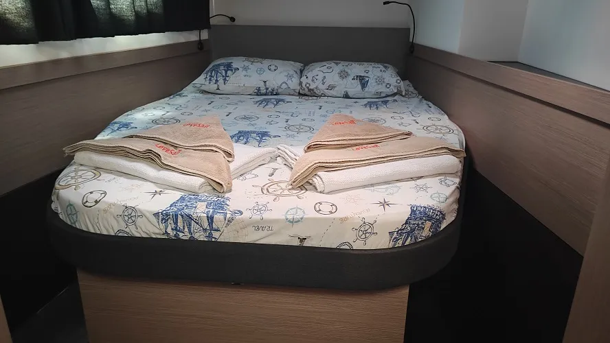 Cabin on Reina, a Fountaine Pajot Astrea 42 catamaran at Fethiye, Turkey