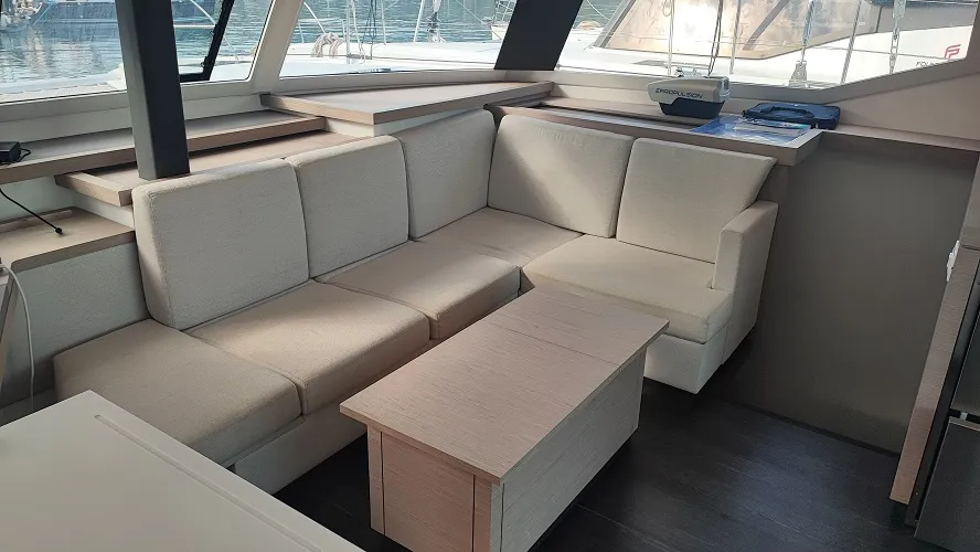Salon of Reina, a Fountaine Pajot Astrea 42 catamaran at Fethiye, Turkey